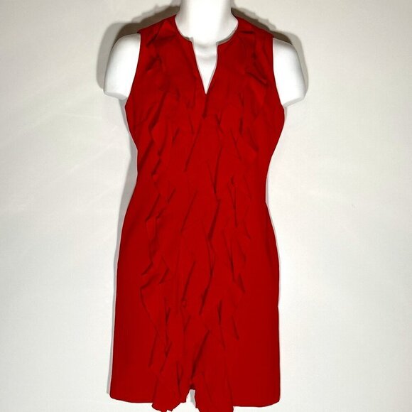Calvin Klein SZ 6 Red Fitted Column Dress Ruffle Formal Career Party Wedding Gue - Picture 3 of 7